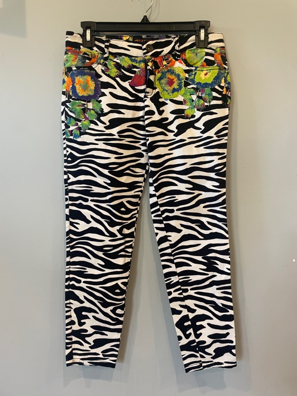Zebra Print Stretch Pants with Floral Waist Accent - Black & White